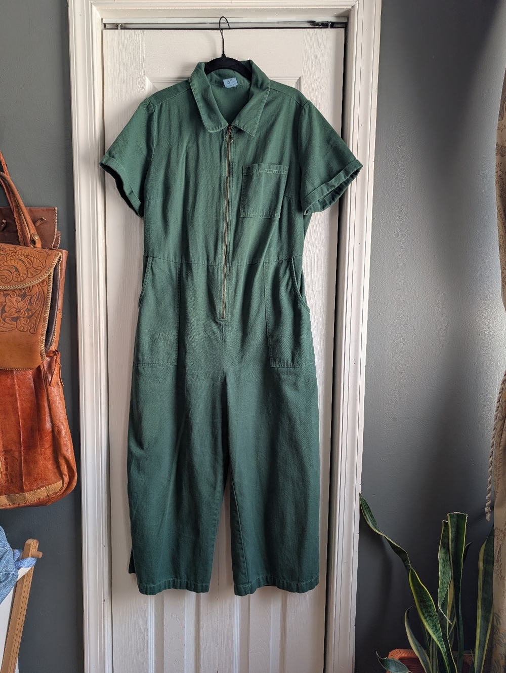 Lucy & Yak Green Cotton Zip Up Cropped Ragan Jumpsuit Size US 12/UK 16